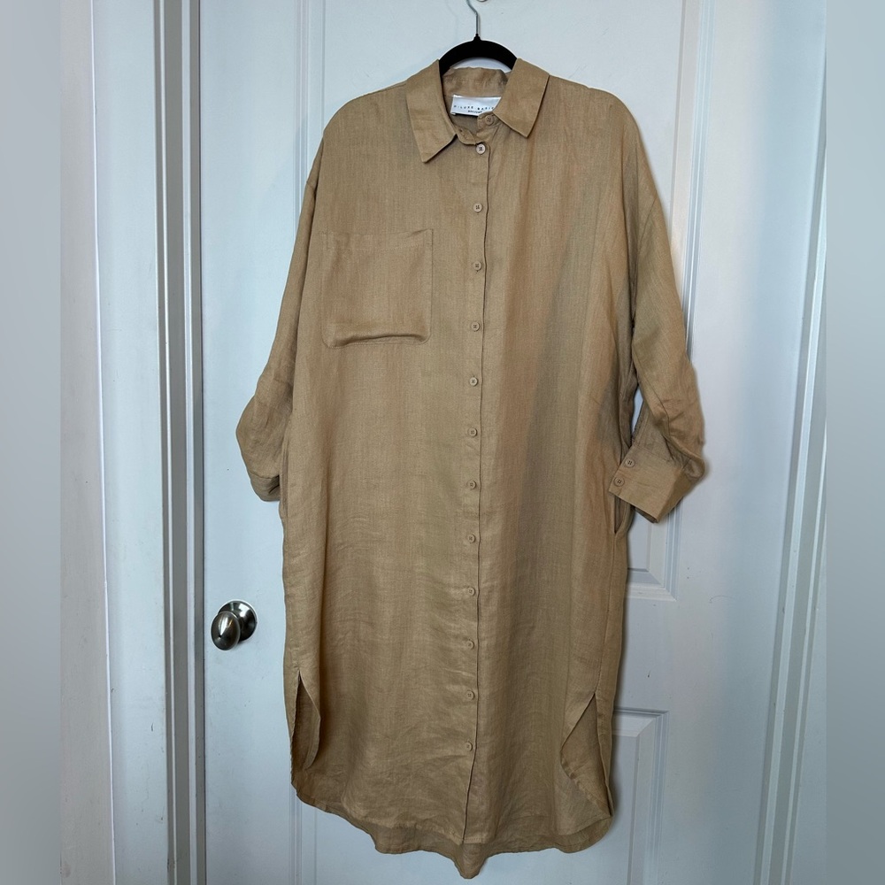 Decjuba- D-Luxe Basics Linen Button Up Tan Minimalist Midi Relaxed Shirt Dress,M